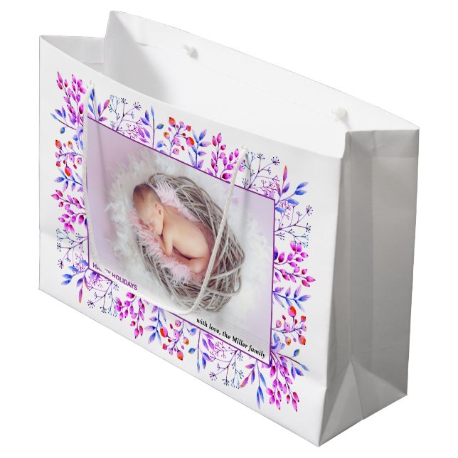 Purple berry leaf Happy Holidays Christmas photo Large Gift Bag (Front Angled)