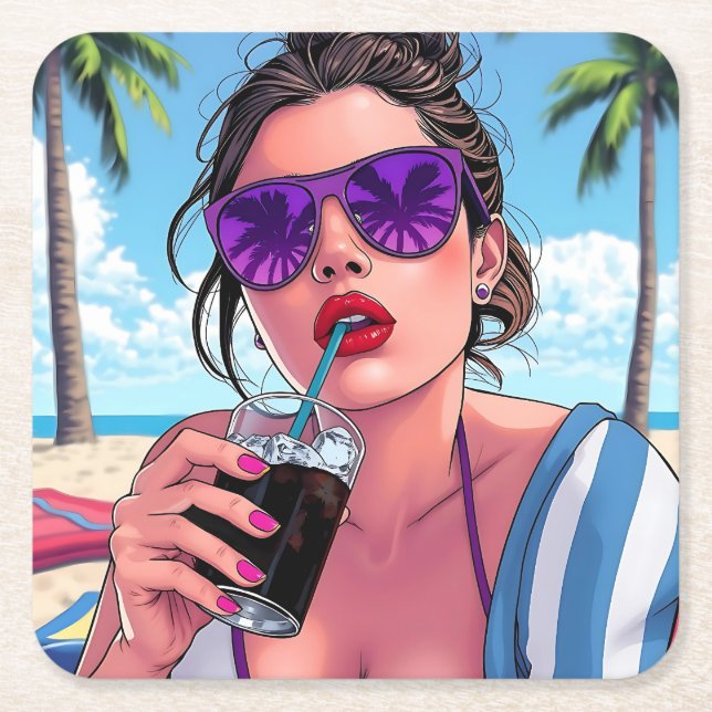Purple Bikini, Sunglasses and Bandana Woman  Square Paper Coaster (Front)