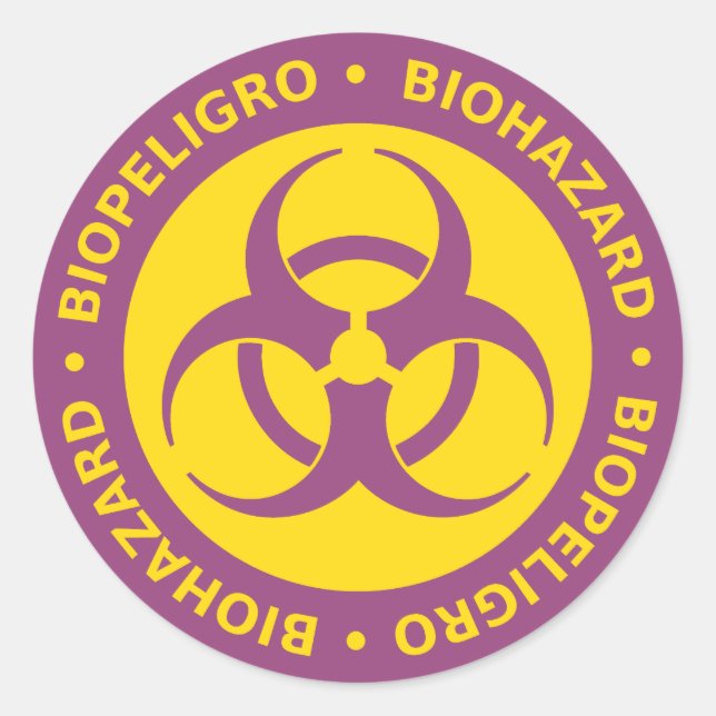Purple Bilingual Biohazard Warning Classic Round Sticker (Front)