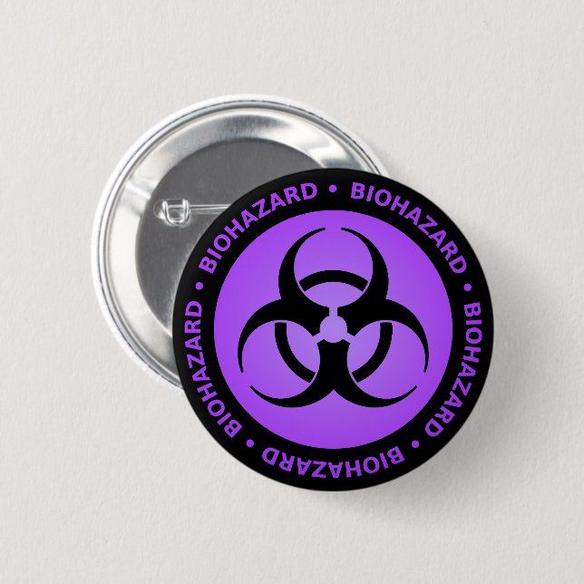 Purple Biohazard Warning Button Pin (Front & Back)