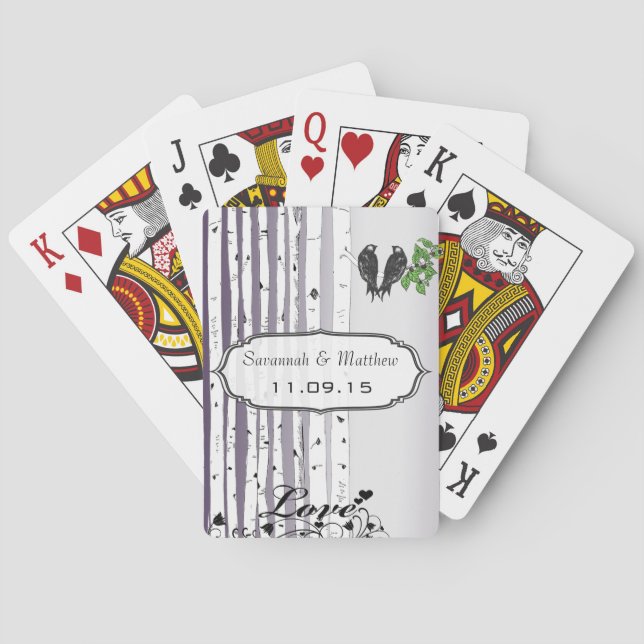 Purple Birch Love Birds Wedding Gift Playing Card (Back)