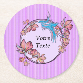 purple bird flower crown round paper coaster
