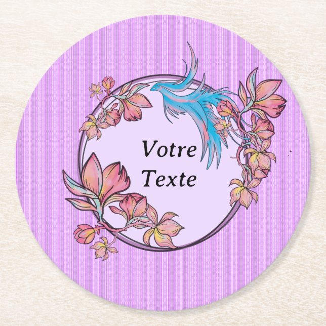 purple bird flower crown round paper coaster (Front)