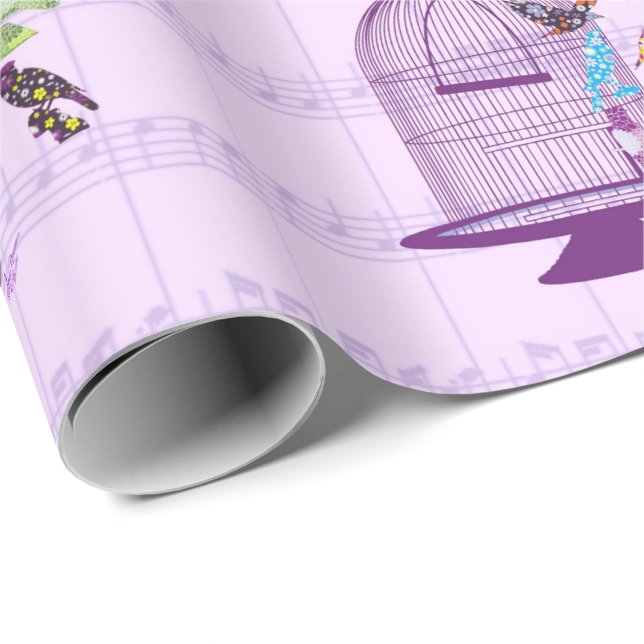 Purple Birdcage & Birds Sheet Music Wrapping Paper (Roll Corner)