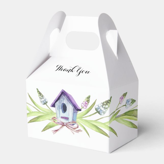 Purple Birdhouse Lavender Stems Baby Shower Favor Box (Front Side)