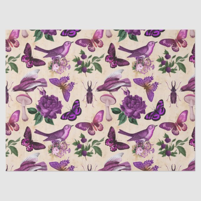 Purple Birds Butterflies and Mushrooms Decoupage Tissue Paper (Front)