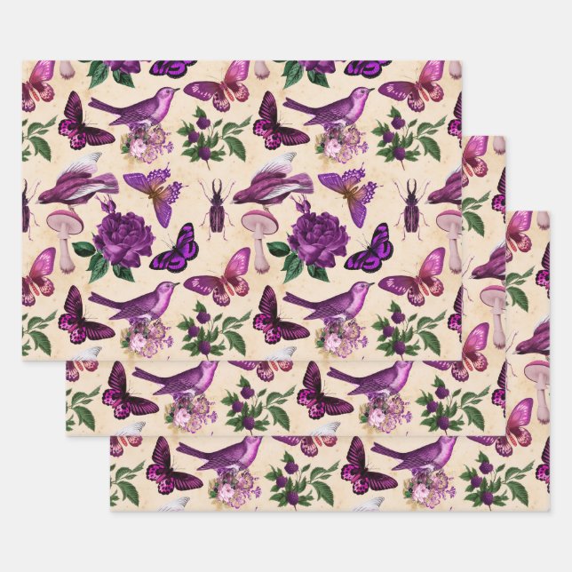 Purple Birds Butterflies and Mushrooms Wrapping Paper Sheet (Set)