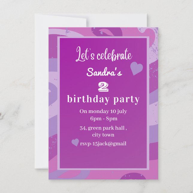 purple birthday party invitation (Front)