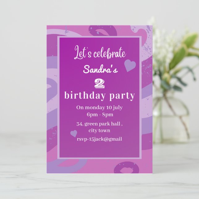 purple birthday party invitation (Standing Front)