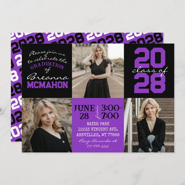 Purple & Black 3 Photo Graduation Invitation (Creator Uploaded)