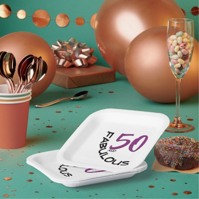 Purple & Black 50th Birthday Party Typography Paper Plate (Multi)