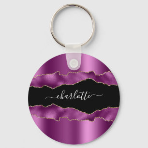 Purple black agate marble name script keychain