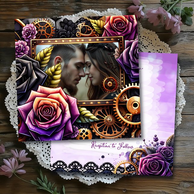 Purple, Black and Copper Gothic Steampunk Wedding Invitation (Creator Uploaded)