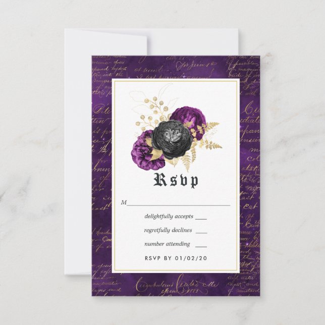 Purple, Black and Gold Floral Gothic Wedding RSVP Card (Front)