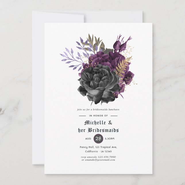 Purple Black and Gold Gothic Bridesmaids Luncheon Invitation (Front)