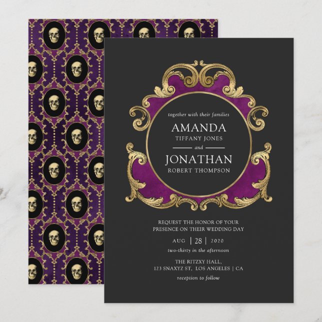 Purple, Black and Gold Gothic Wedding Invitation (Front/Back)