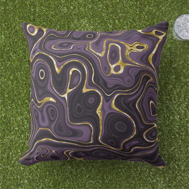 Purple Black and Gold Marble Look Pattern Outdoor Pillow (Grass)