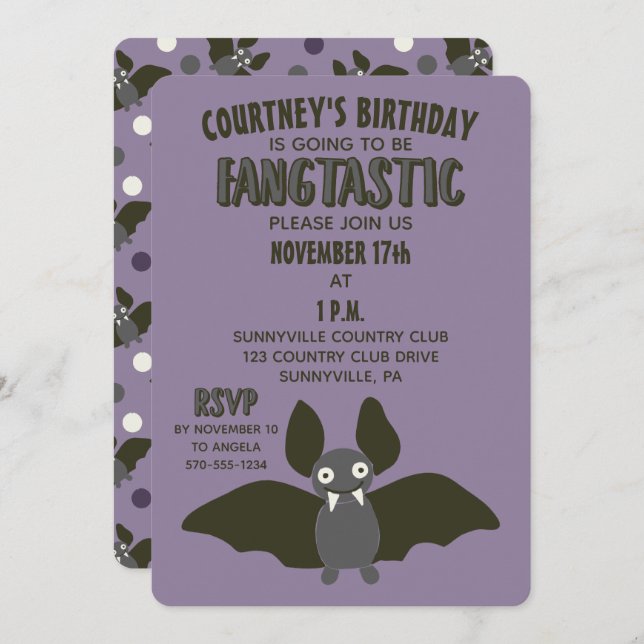 Purple Black and Grey Cartoon Bat Cute Party Invitation (Front/Back)