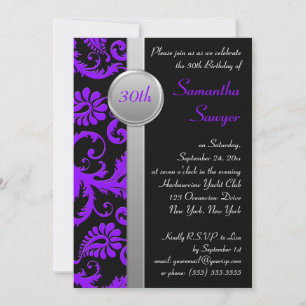 Purple, Black, and Silver 30th Birthday Invitation