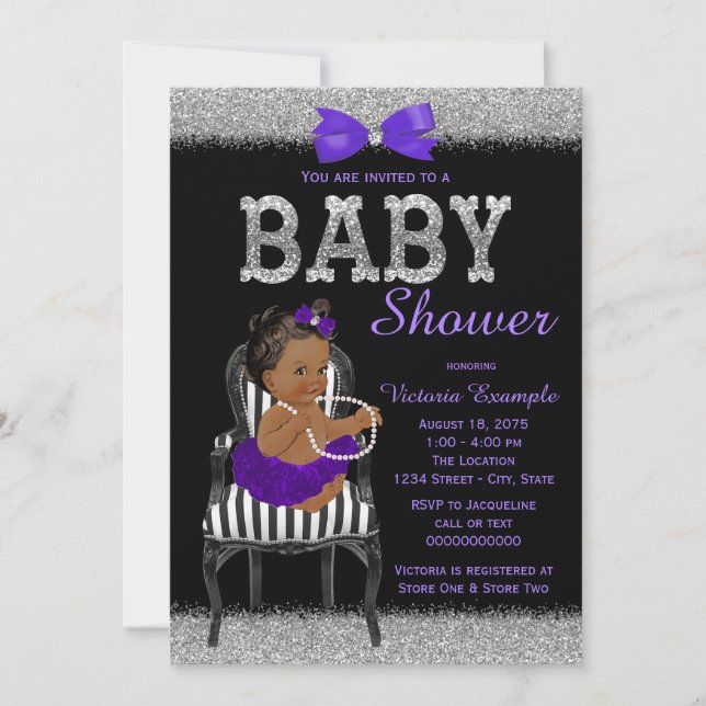 Purple Black and Silver Ethnic Girl Baby Shower Invitation (Front)