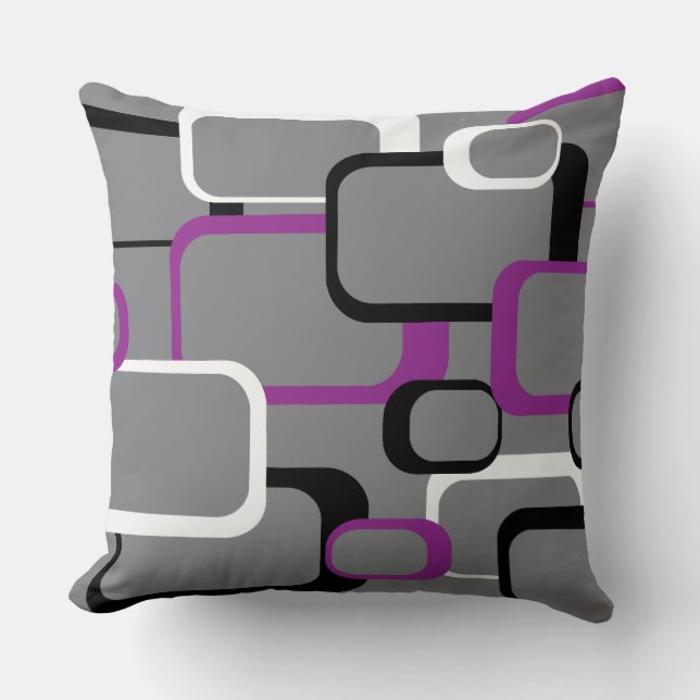 Purple Black and White Retro Squares Grey Throw Pillow (Front)