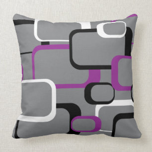 Purple Black and White Retro Squares Grey Throw Pillow