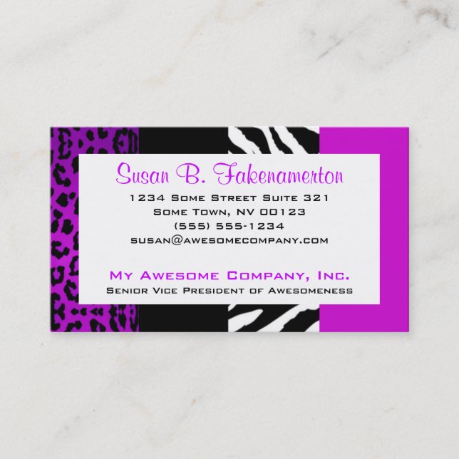 Purple & Black Animal Print Zebra and Leopard Business Card (Front)