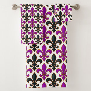 Purple Black Baroque Fleur-de-lis Pattern Design  Bath Towel Set