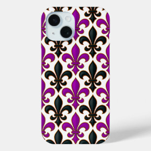 Purple Black Baroque Fleur-de-lis Pattern Design  iPhone 15 Case