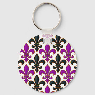 Purple Black Baroque Fleur-de-lis Pattern Design Keychain