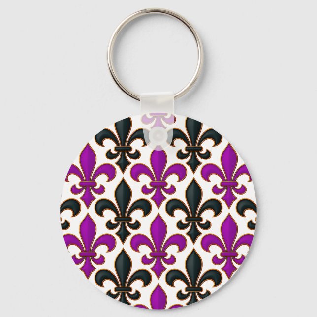 Purple Black Baroque Fleur-de-lis Pattern Design  Keychain (Front)