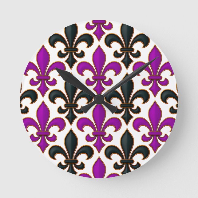 Purple Black Baroque Fleur-de-lis Pattern Design  Round Clock (Front)