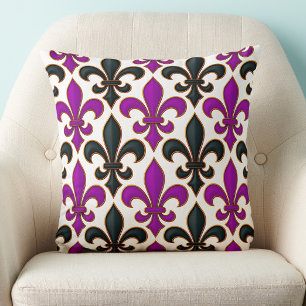 Purple Black Baroque Fleur-de-lis Pattern Design Throw Pillow