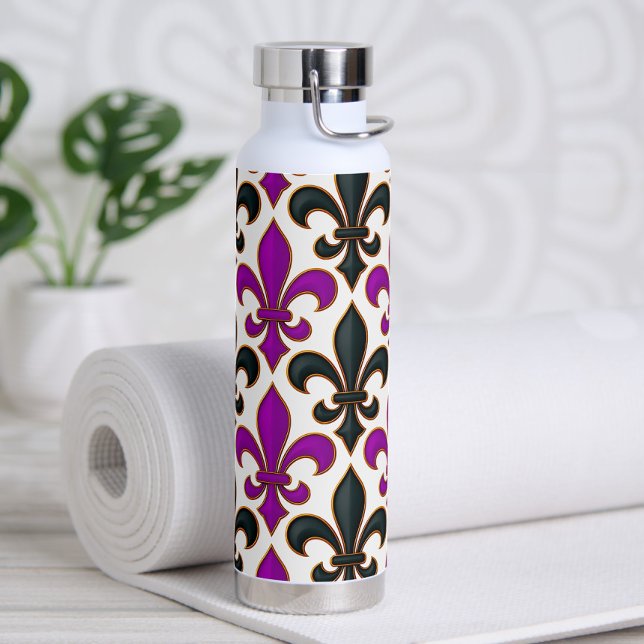 Purple Black Baroque Fleur-de-lis Pattern Design  Water Bottle (Creator Uploaded)