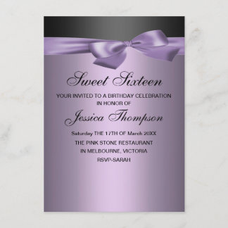 Purple & Black Bow Sweet 16 Birthday Invitation