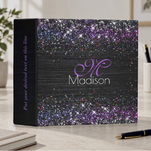 Purple black brushed metal glitter monogram binder