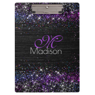 Purple black brushed metal glitter monogram clipboard