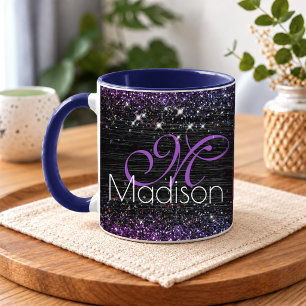 Purple black brushed metal glitter monogram mug