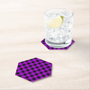Purple & Black Buffalo Plaid Check Paper Coaster