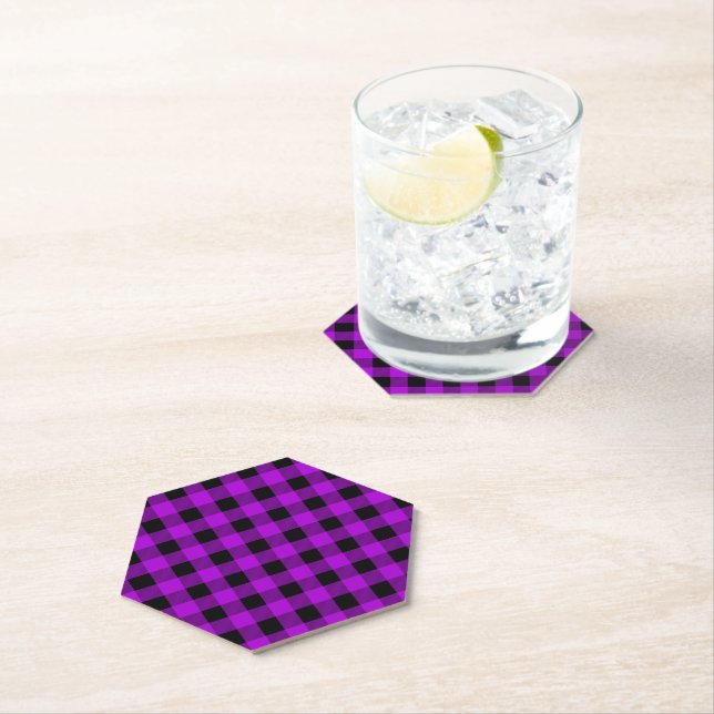 Purple & Black Buffalo Plaid Check | Paper Coaster (Insitu)