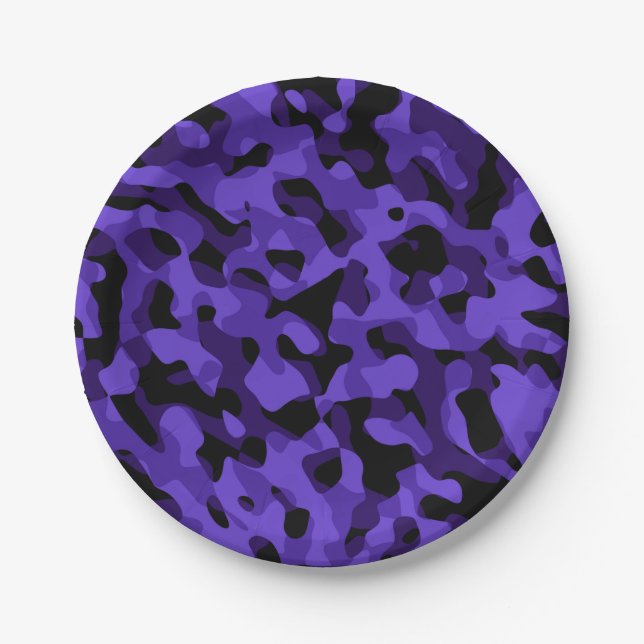 Purple Black Camouflage Print Pattern Paper Plate (Front)
