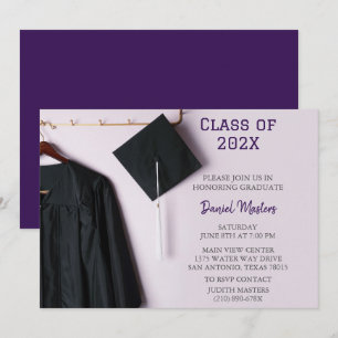 Purple /Black Cap & Gown Graduation Invitation 