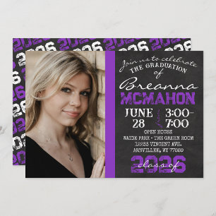 Purple & Black Chalkboard Graduation Photo Invitation