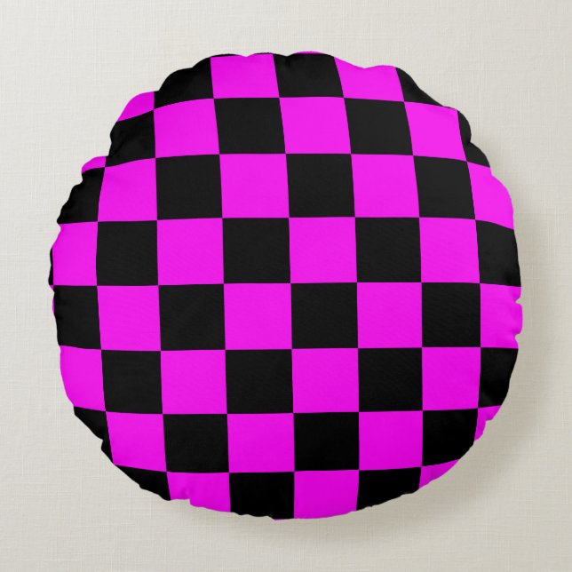 Purple Black Chequered Check Pattern Round Pillow (Front)