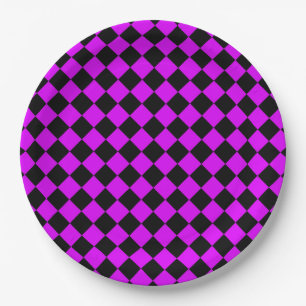 Purple Black Chequered Diamond Pattern Paper Plate