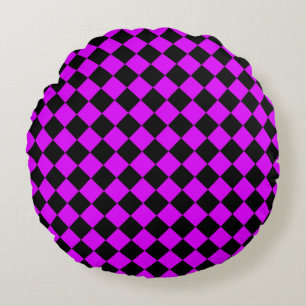 Purple Black Chequered Diamond Pattern Round Pillow