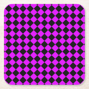 Purple Black Chequered Diamond Pattern Square Paper Coaster