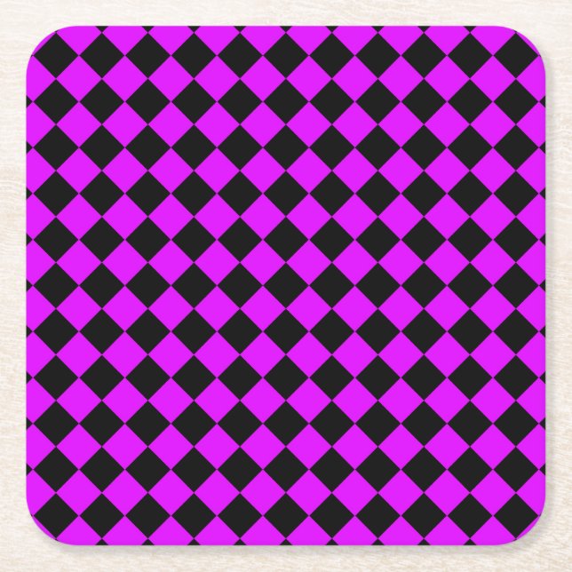 Purple Black Chequered Diamond Pattern Square Paper Coaster (Front)