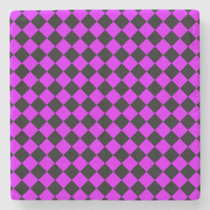 Purple Black Chequered Diamond Pattern Stone Coaster