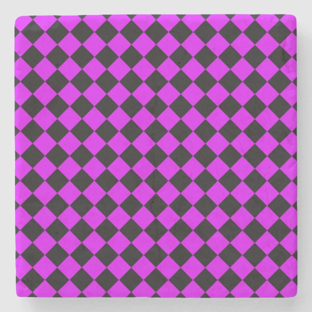 Purple Black Chequered Diamond Pattern Stone Coaster (Front)